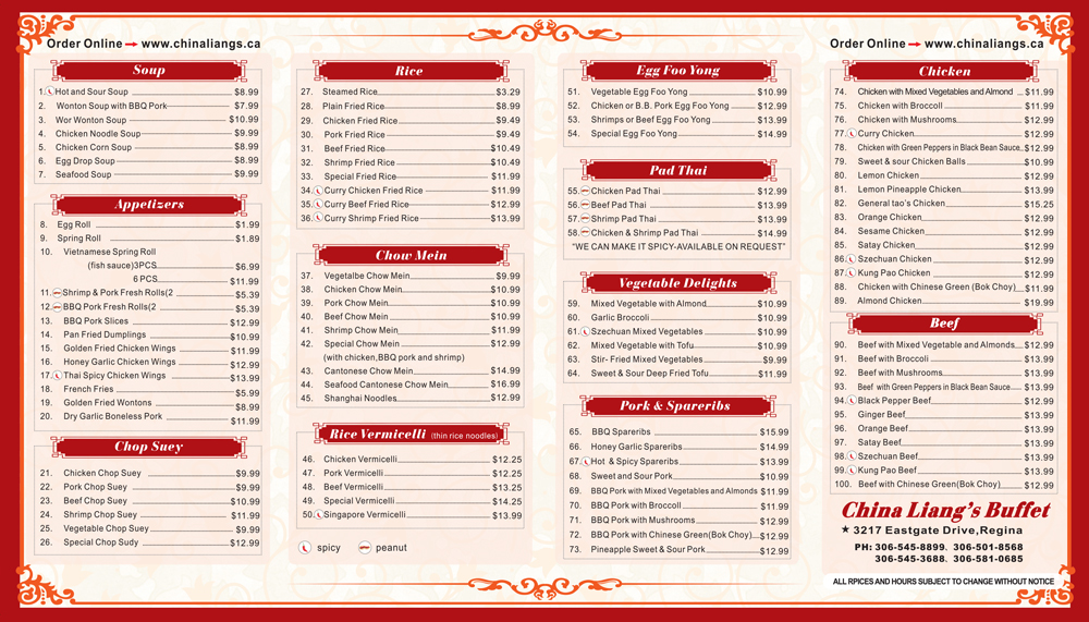 China Liang’s Take Out Menu